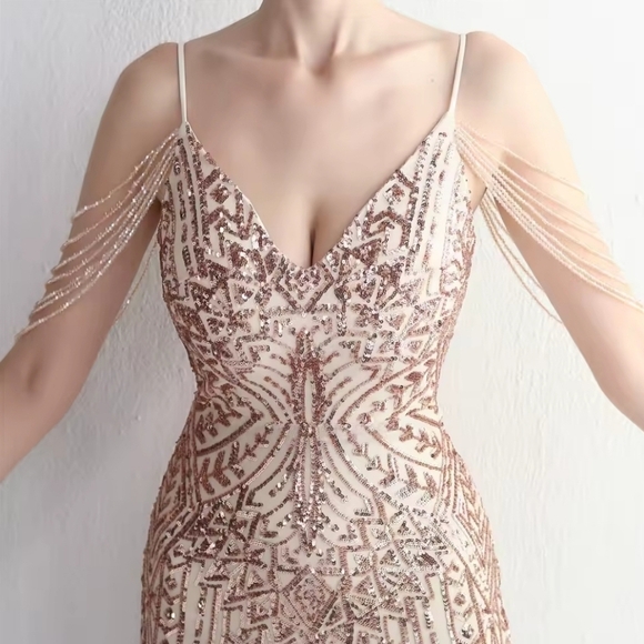 Elegant Sequined Evening Gown in Beige - Picture 8 of 13